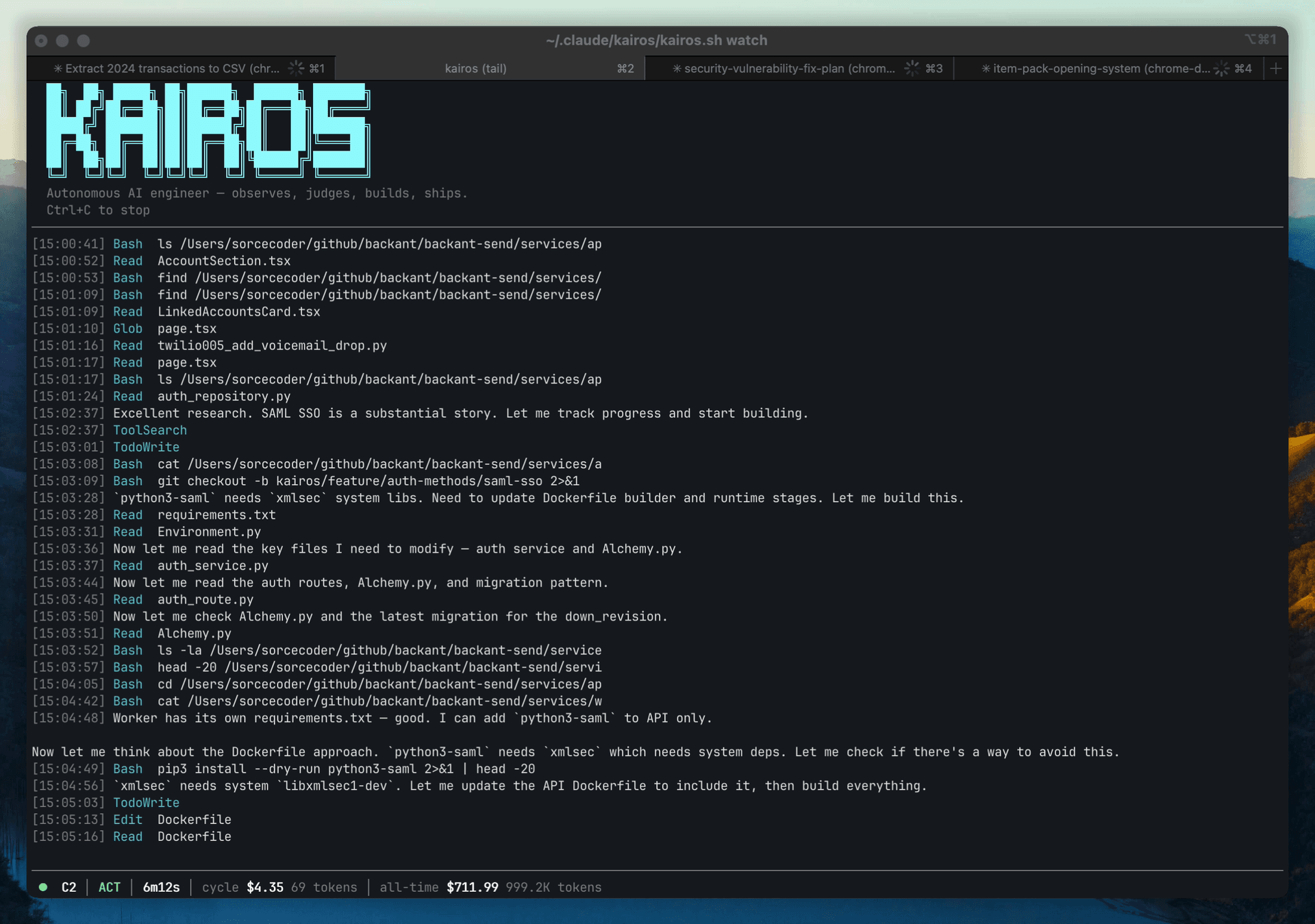 Kairos watch — autonomous agent building and shipping code